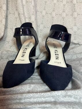 Anne Klein Black Suede Pointed Toe Ankle-Strap Heels